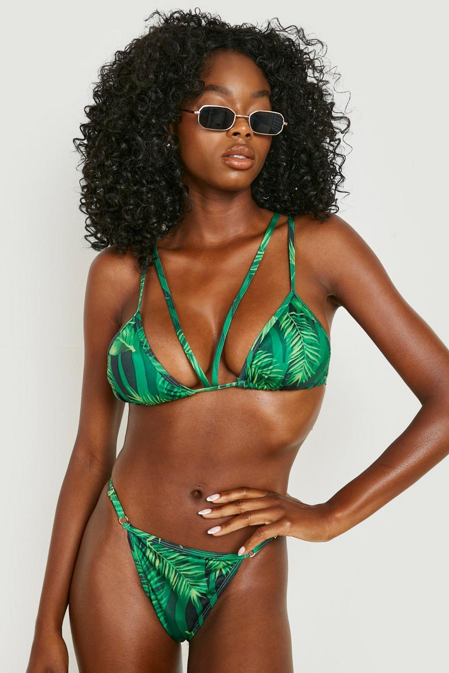 Green Tropische Driehoekige Tanga Bikini Set Met Bandjes image number 1