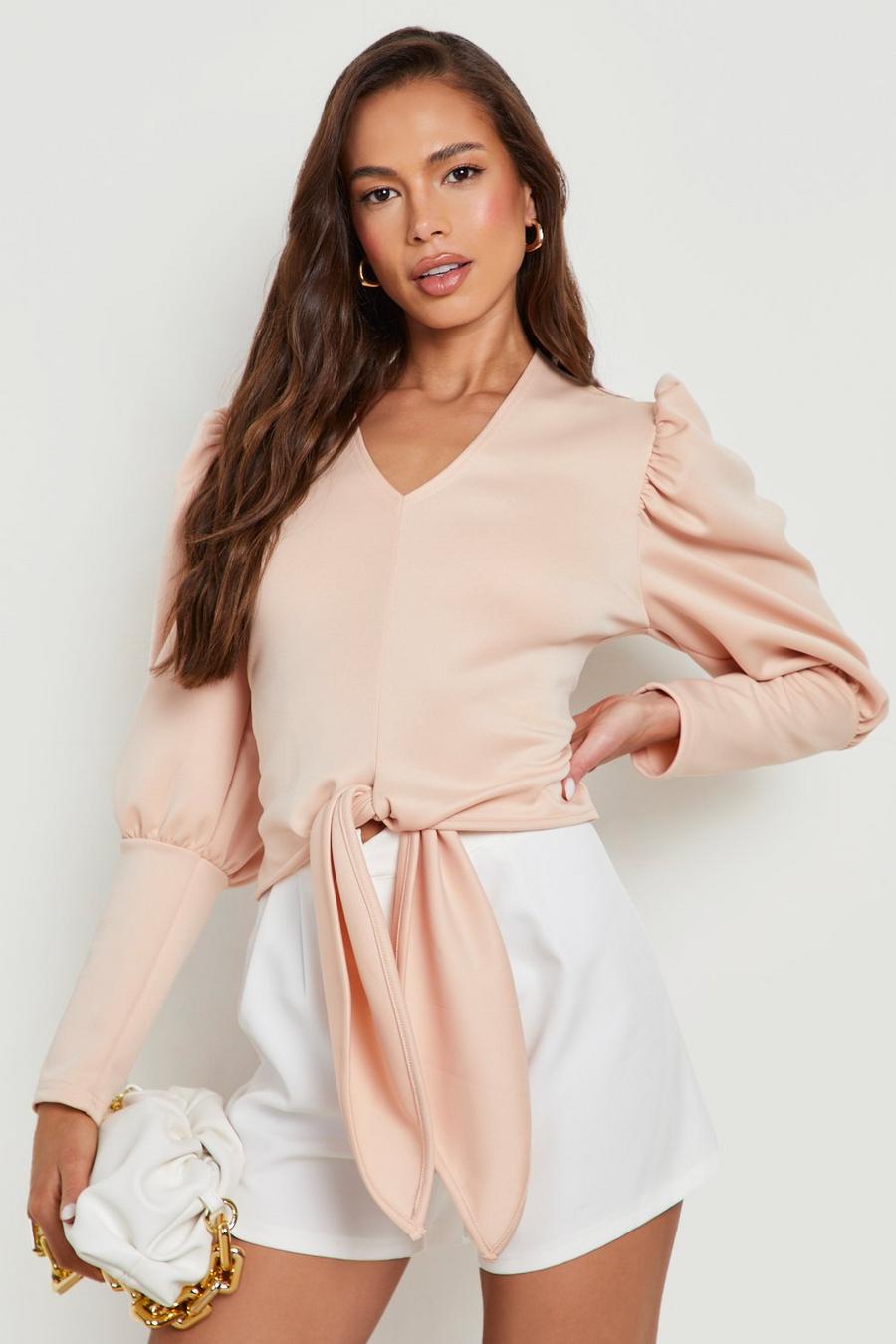 Blush Scuba Puff Sleeve Wrap Front Tie Top image number 1