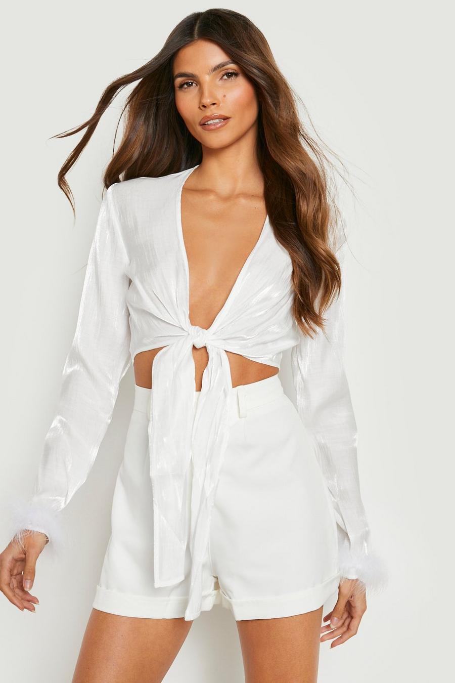 White Shimmer Feather Tie Front Shirt 