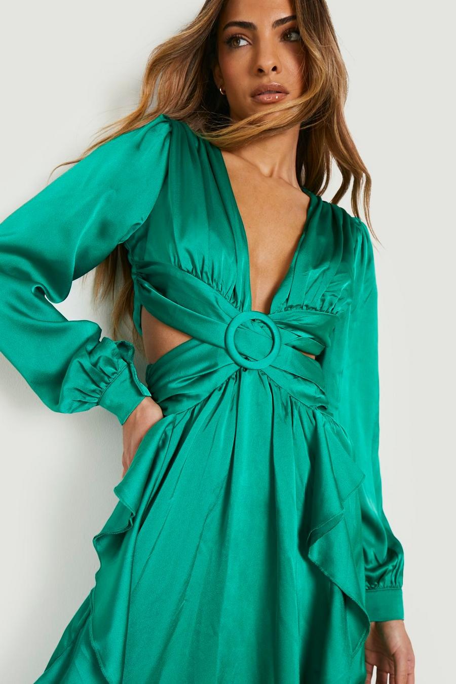 Emerald Satin Ruffle Plunge Maxi Dress image number 1