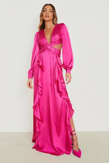 Satin Ruffle Plunge Maxi Dress magenta