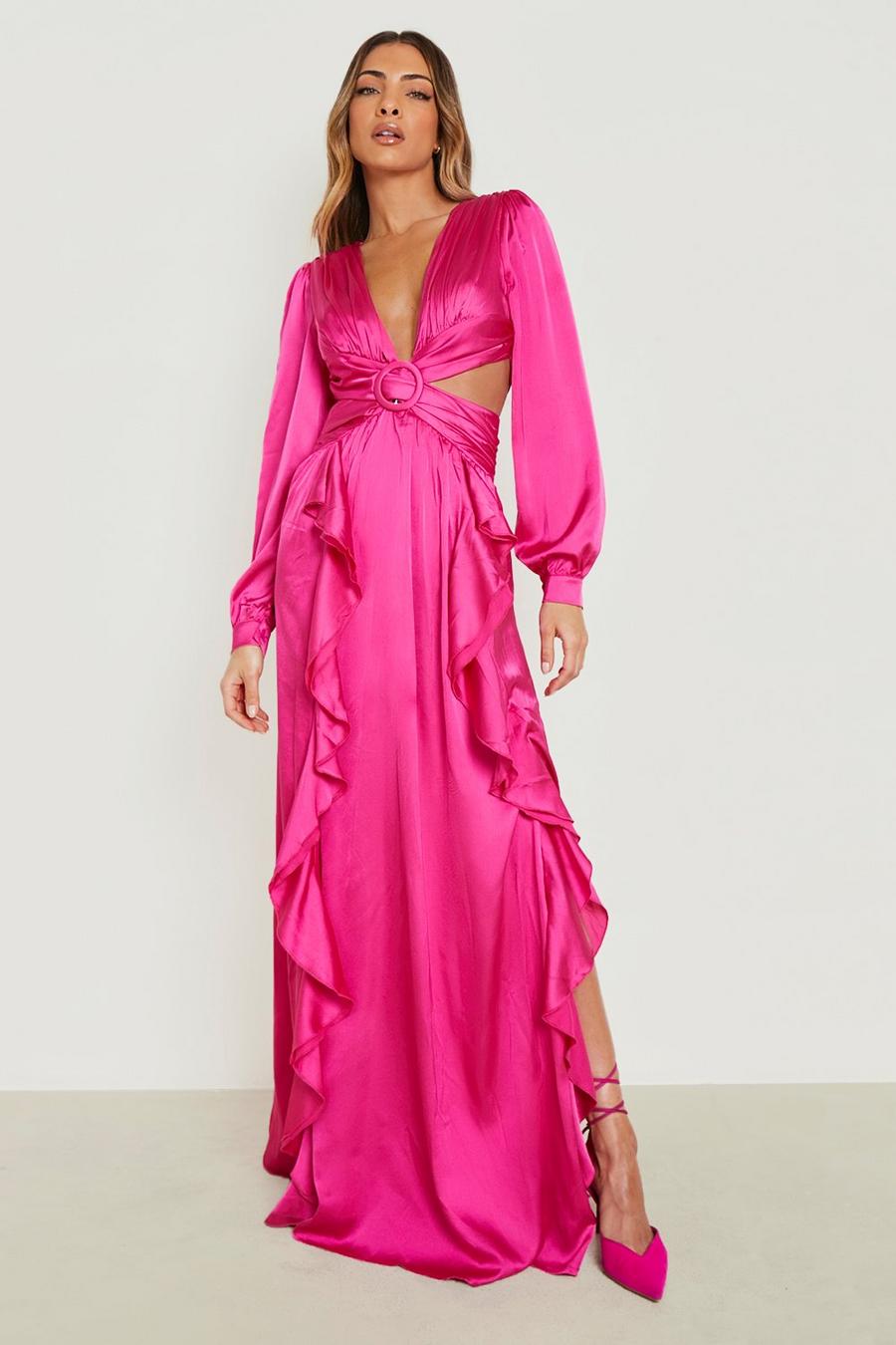 Magenta pink Satin Ruffle Plunge Maxi Dress image number 1