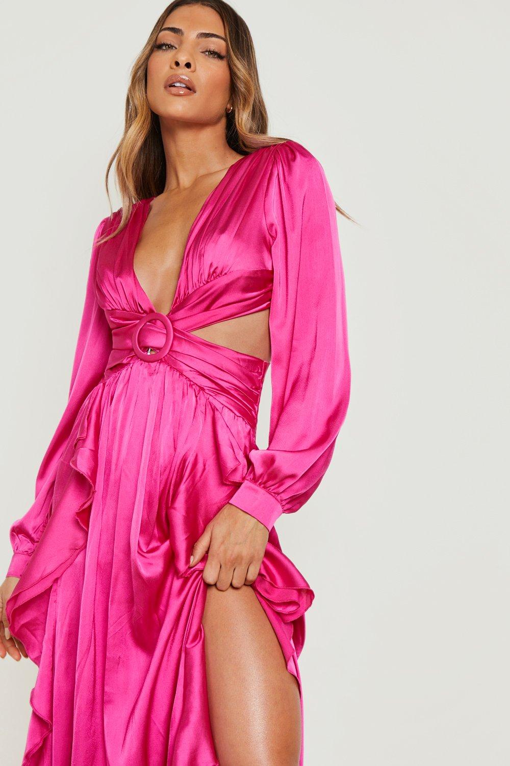 Boohoo pink ruffle clearance dress