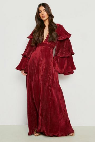 Layered Ruffle Sleeve Maxi Dress berry