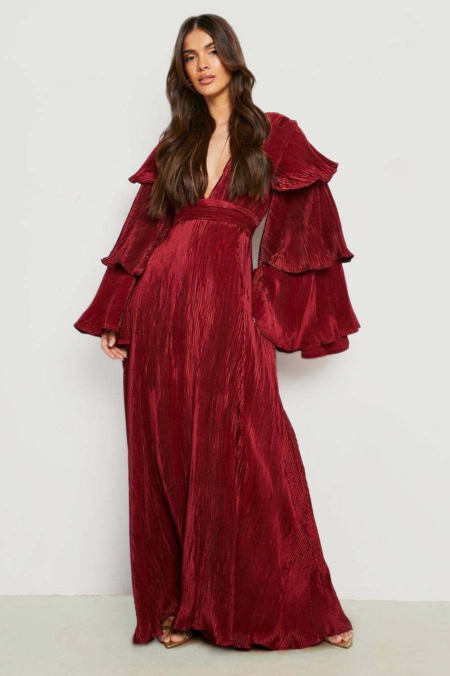 Berry red Layered Ruffle Sleeve Maxi Dress image number 1