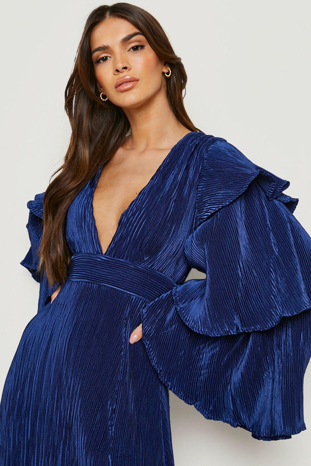 Navy Blue and Sky Blue Georgette Maxi Dress with Ruffle Sleeves