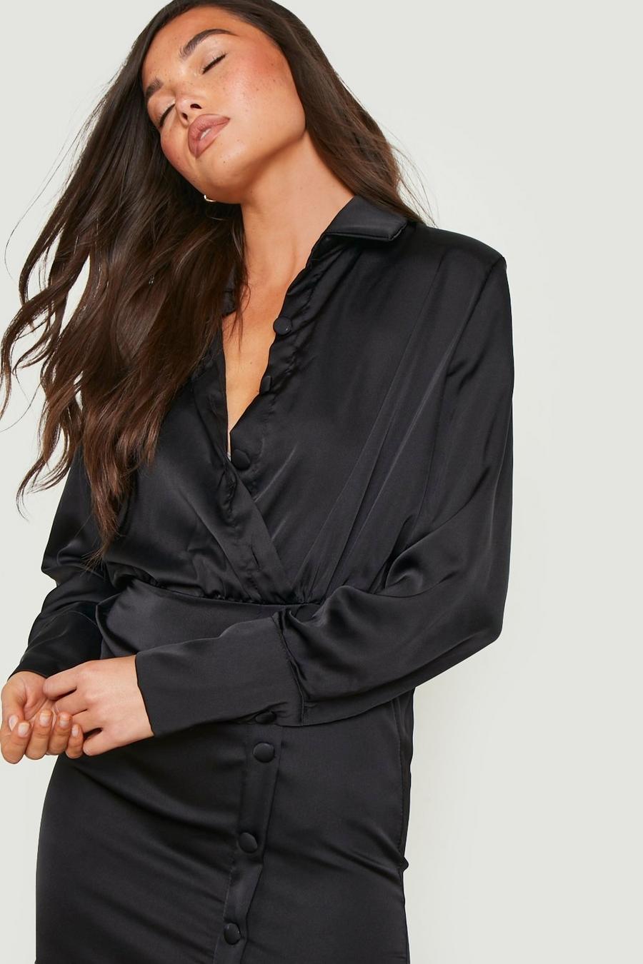 Black Button Detail Satin Shirt Dress