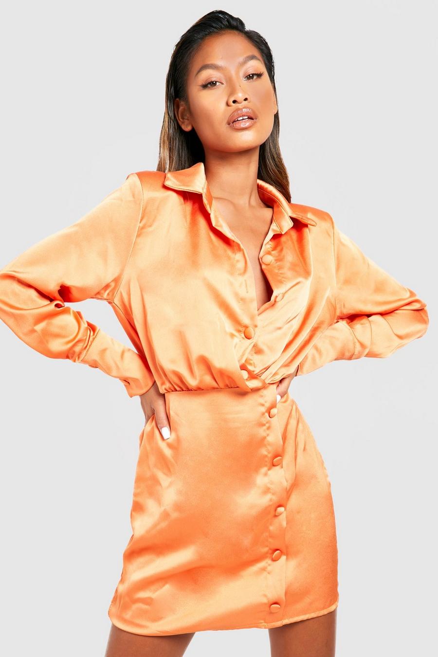 Orange Skjortklänning i satin med knappar image number 1