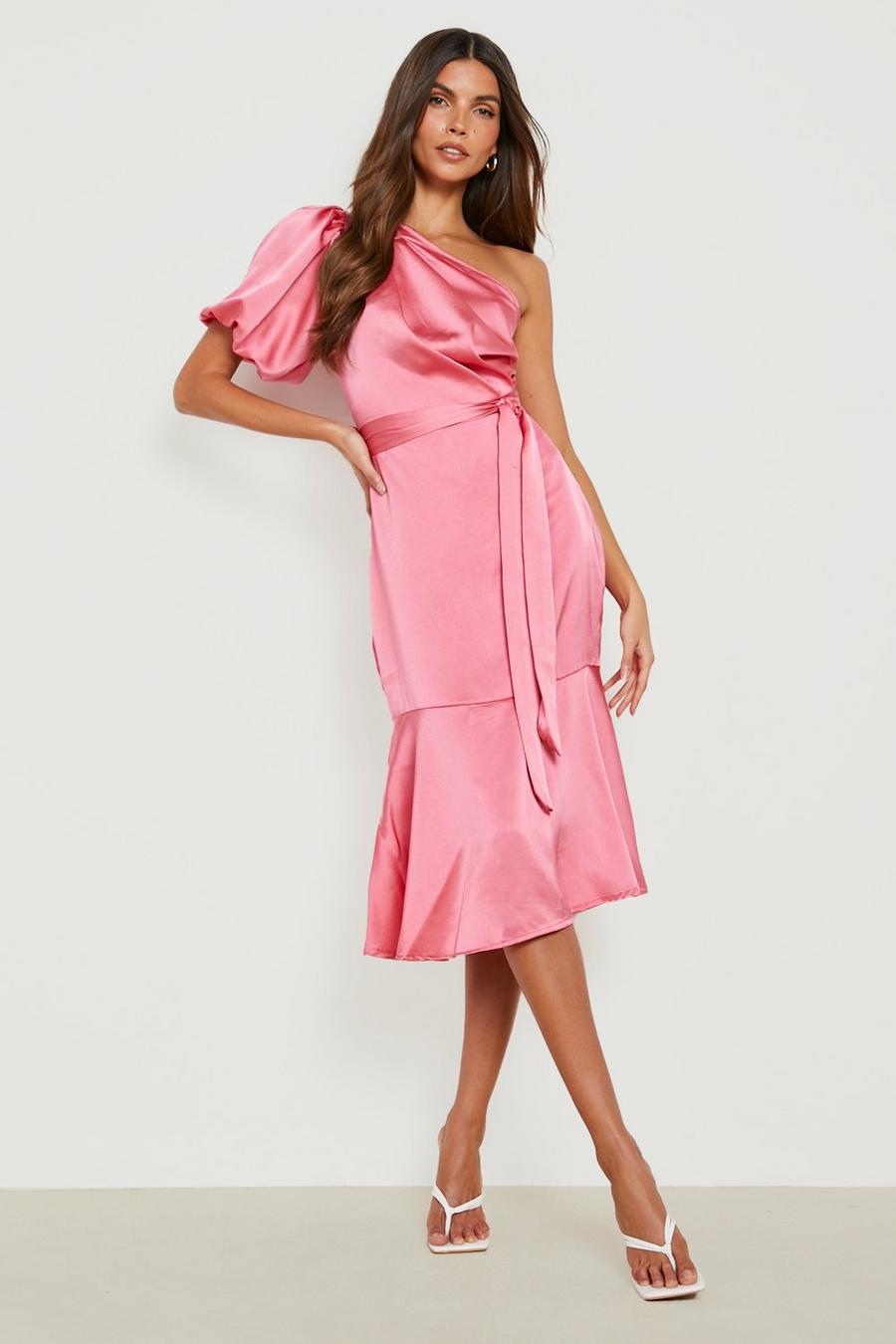 Hot pink Satin One Shoulder Belted Maxi Dress