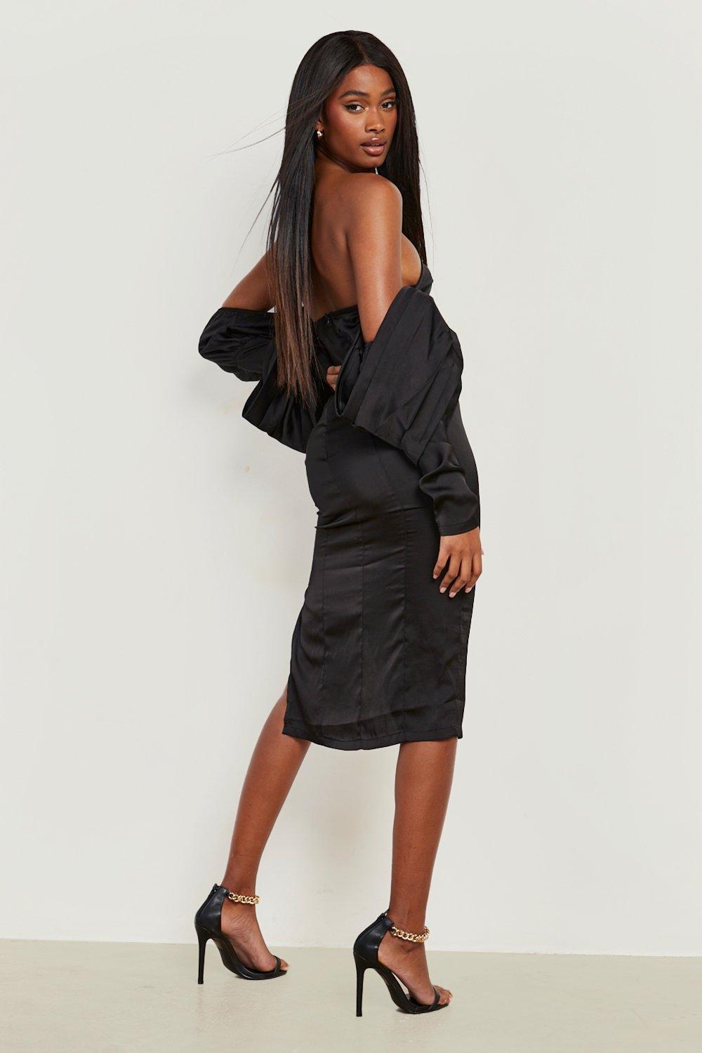 Black satin outlet off shoulder dress