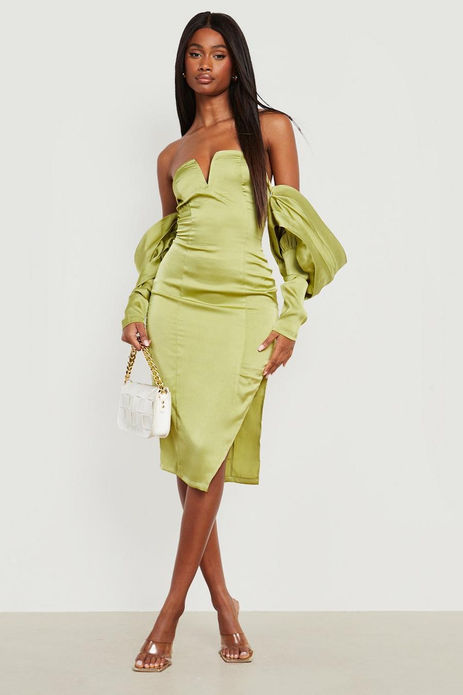 Lime Off The Shoulder Satin Ruched Midi Dress image number 1