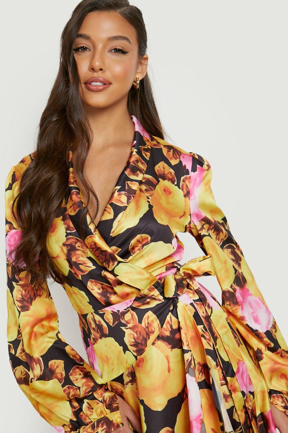 Floral Satin Wrap Ruffle Skater Dress boohoo UK