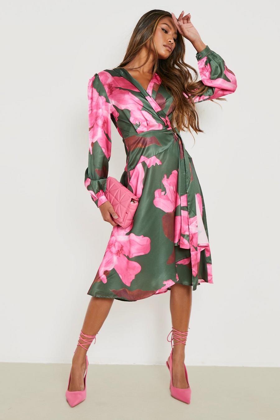 Khaki Floral Satin Wrap Ruffle Midi Dress image number 1