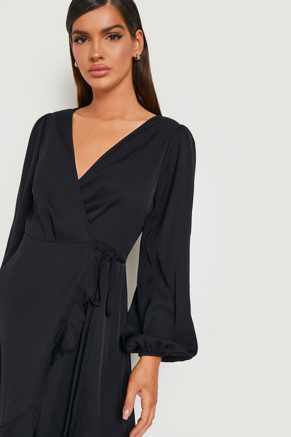 Crepe Ruffle Wrap Midi Skater Dress boohoo