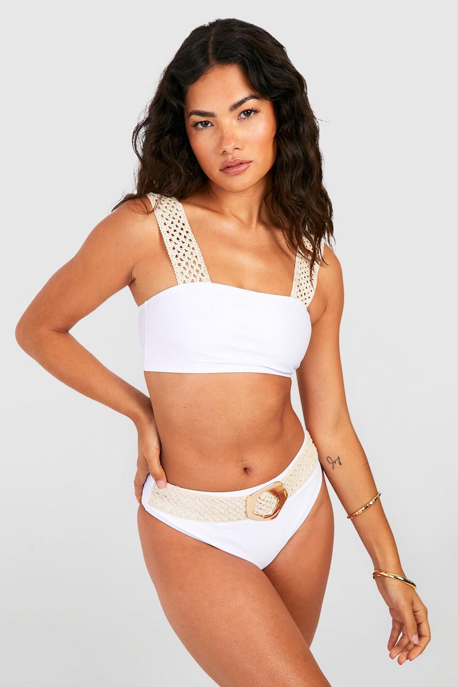 White Raffia Crochet Square Neck Bikini Top