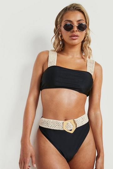 Raffia Crochet Buckle High Waist Bikini Brief black