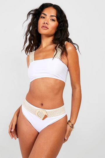 White Raffia Crochet Buckle High Waist Bikini Brief