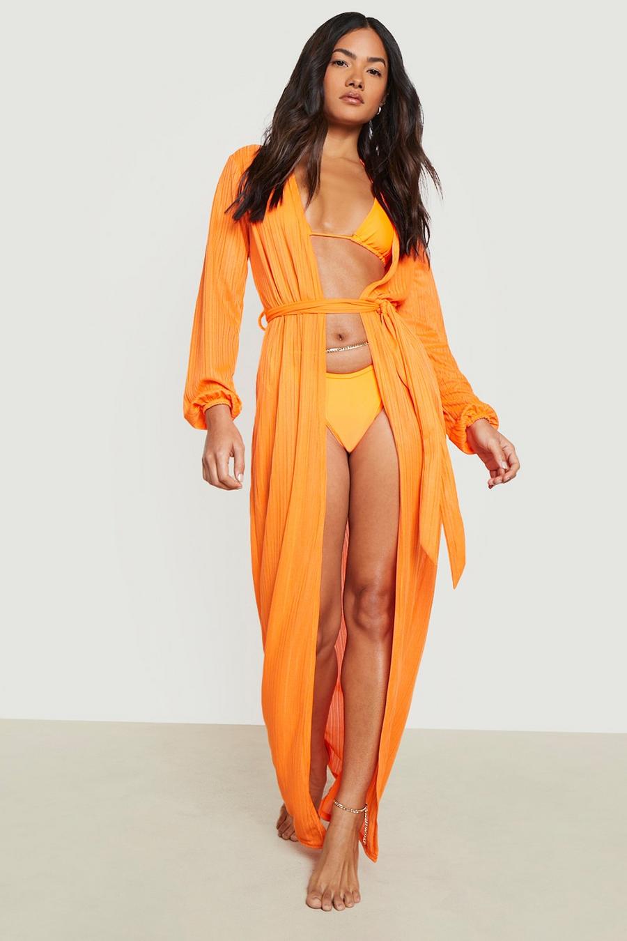 Orange Textured Stripe Belted Maxi Beach Kimono