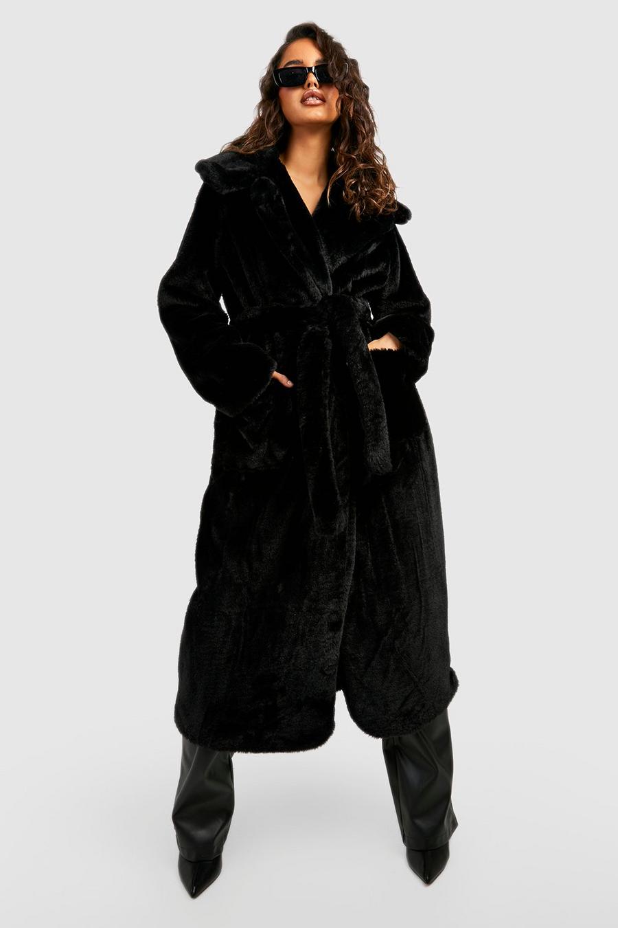 Black Faux Fur Belted Oversized Coat