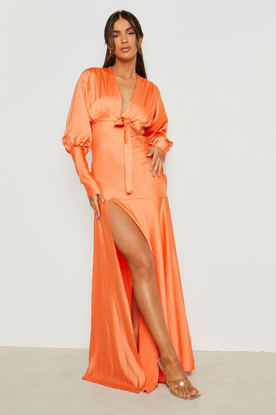 Orange Plunge Satin Side Split Belted Maxi Dress