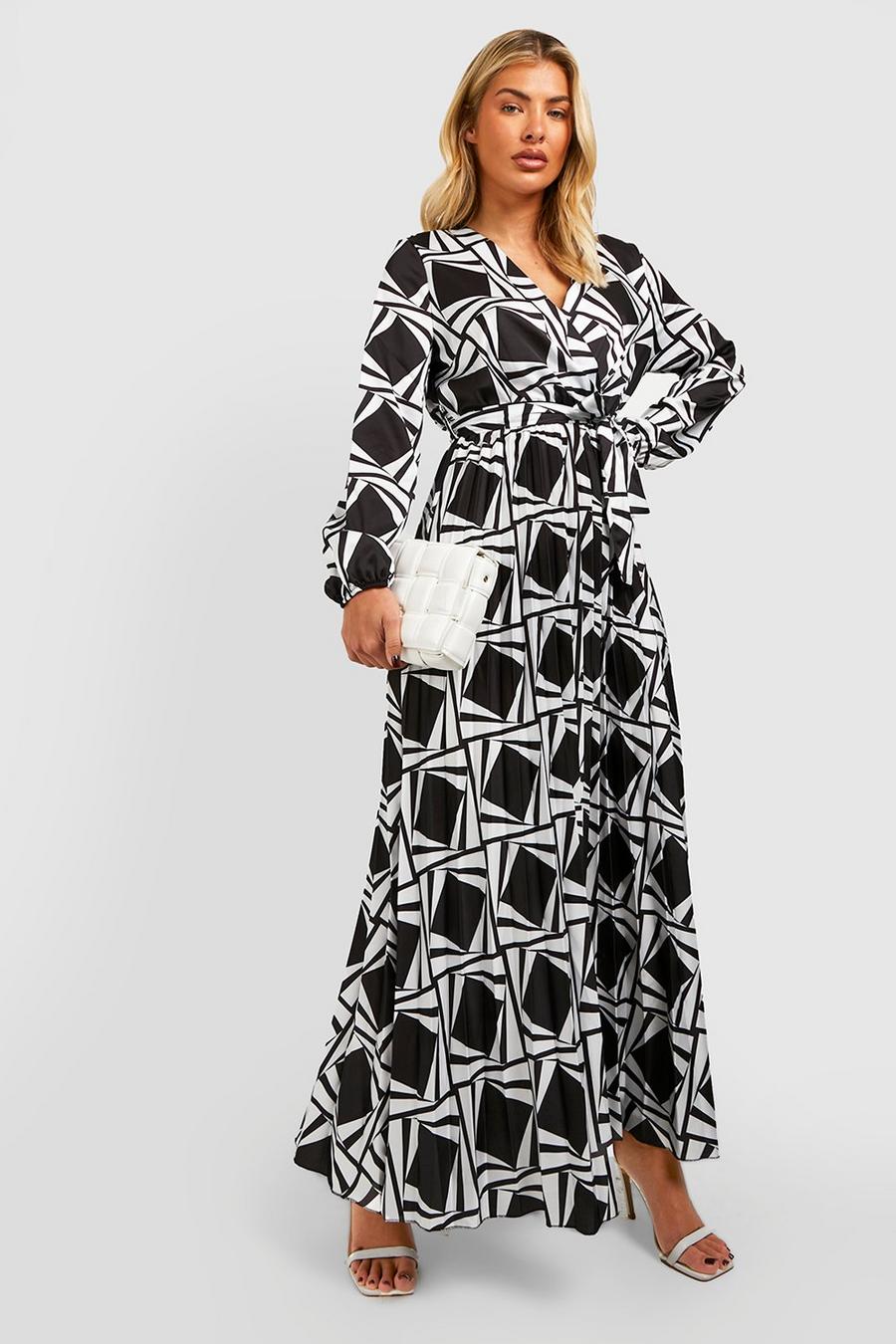 Black Aztec Pleated Wrap Front Maxi Dress