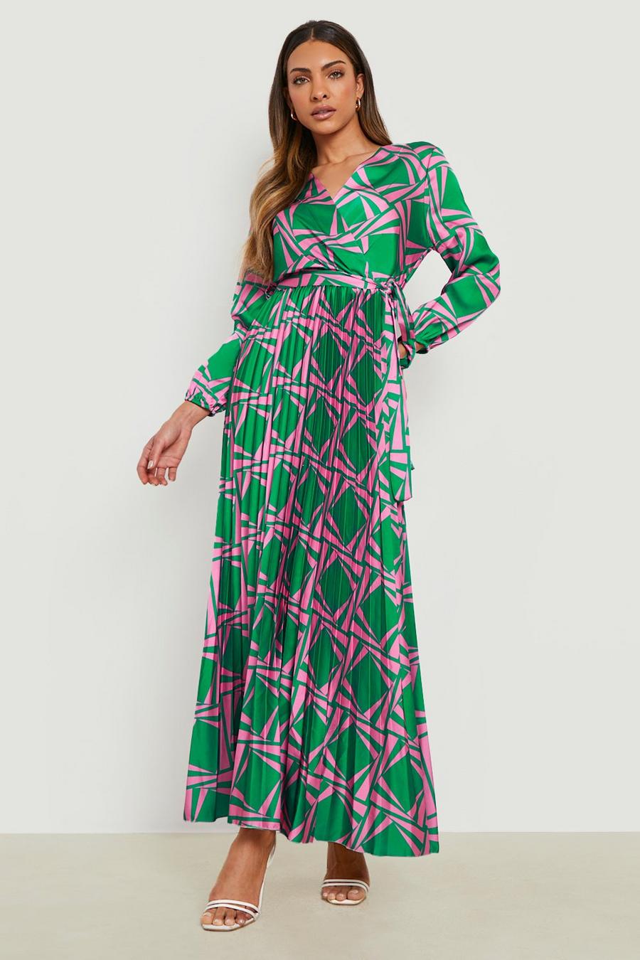 Green grön Aztec Pleated Wrap Front Midi Dress image number 1