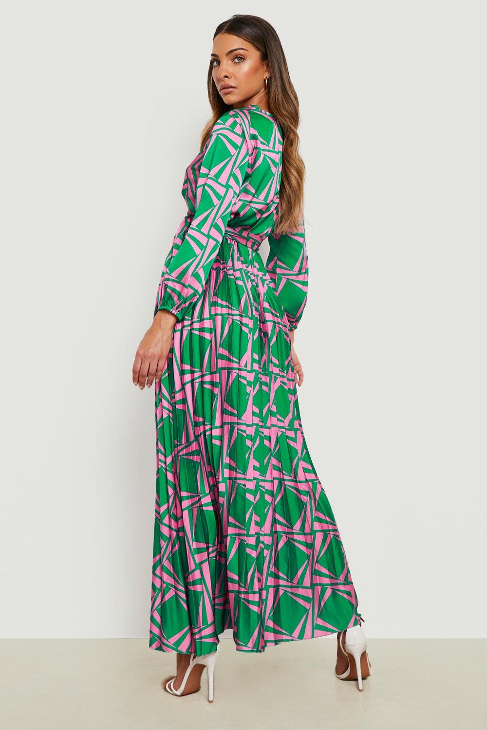 Aztec Pleated Wrap Front Maxi Dress | boohoo USA