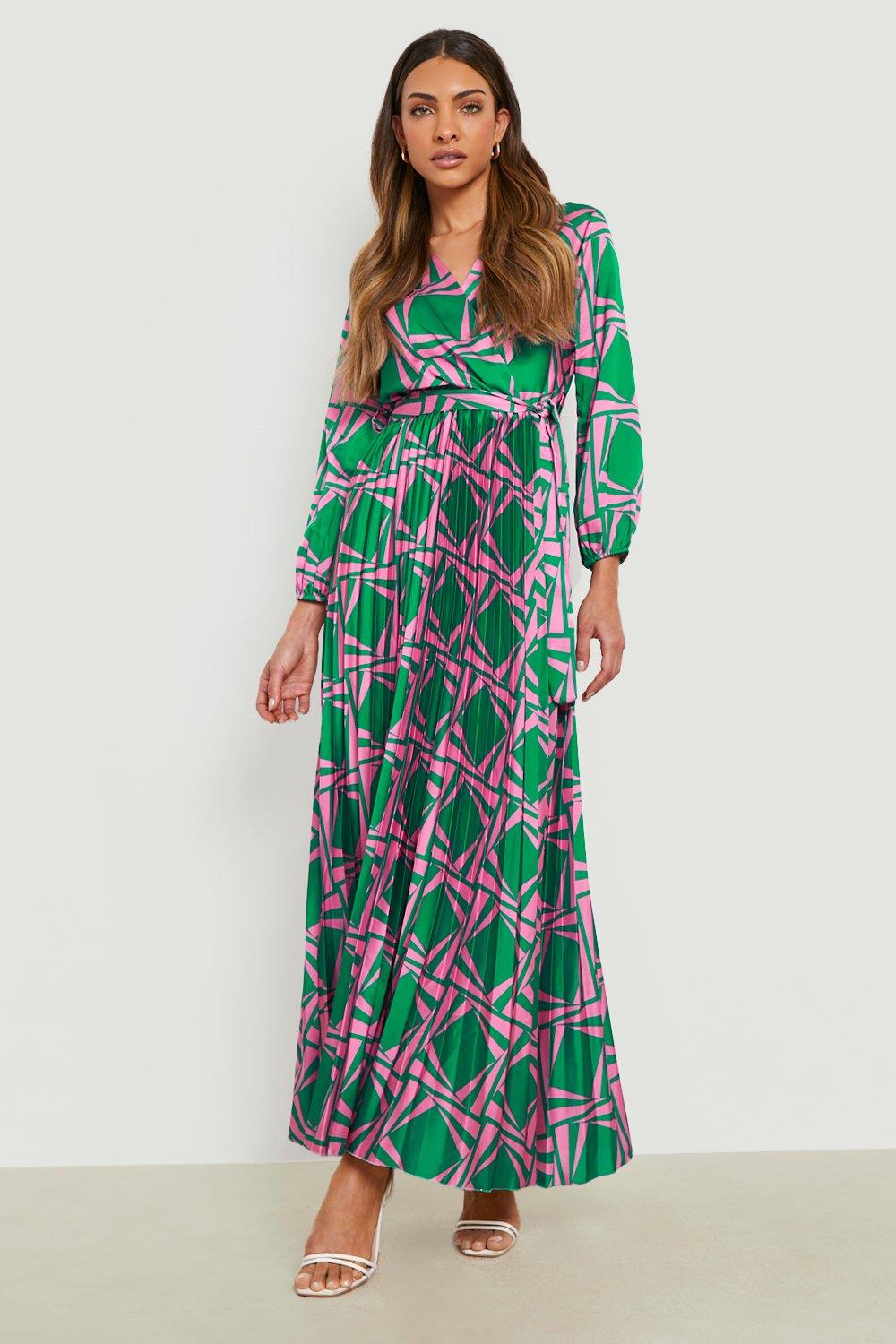 Aztec Pleated Wrap Front Maxi Dress | boohoo