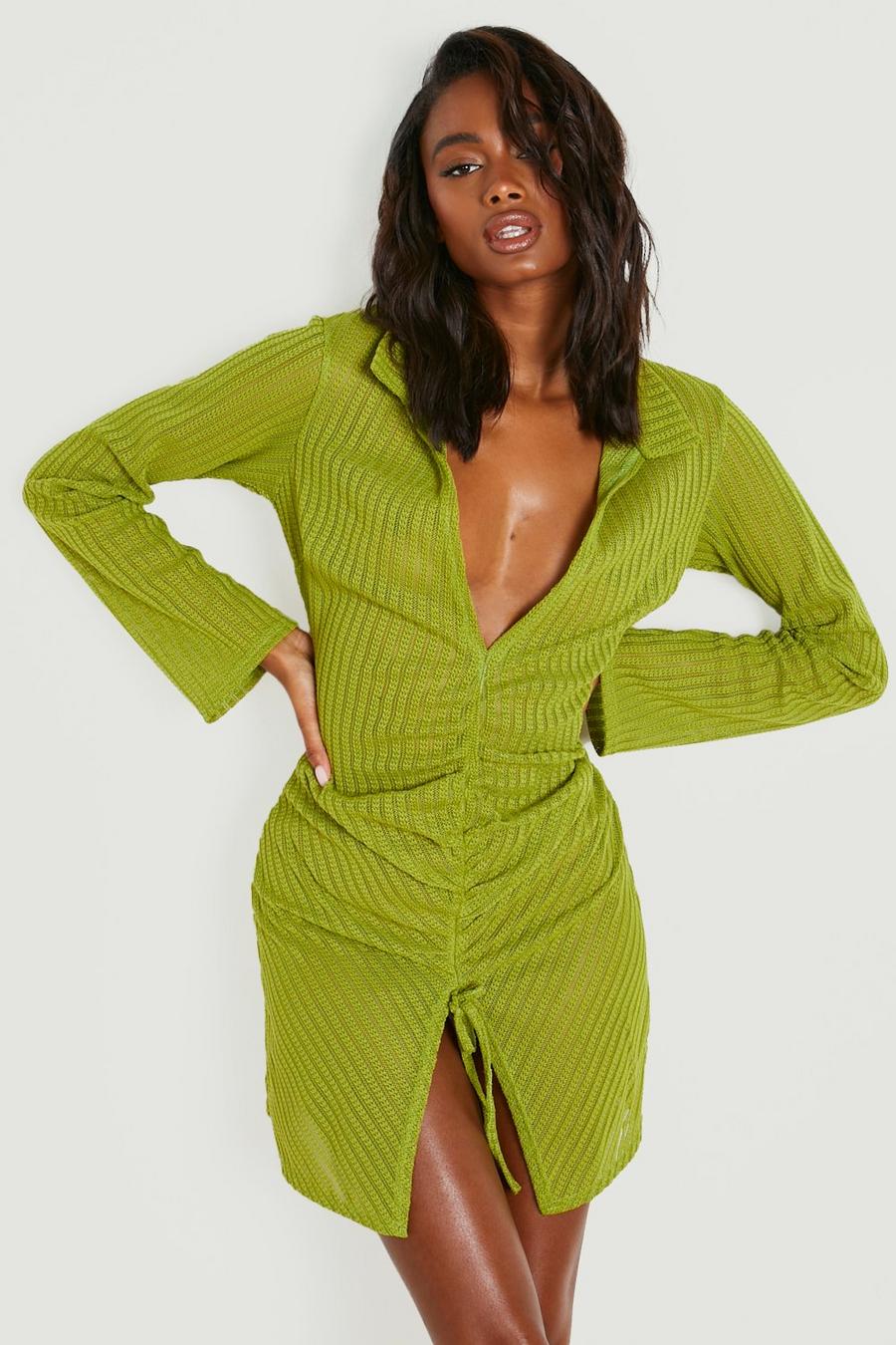 Olive vert Crochet Rib Ruched Beach Shirt Dress