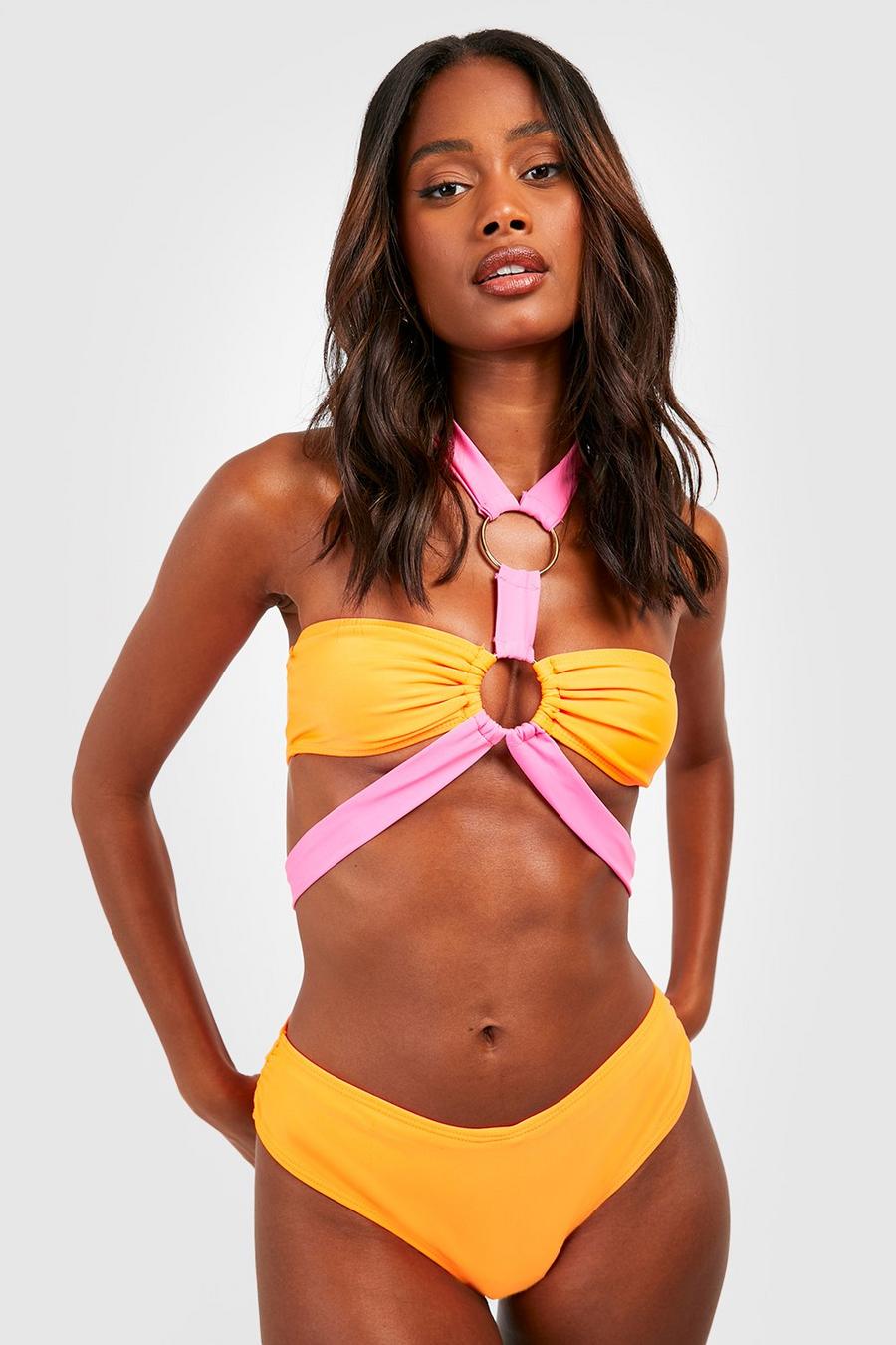 Pink Contrasterende Halter Bikini Set Met O-Ring