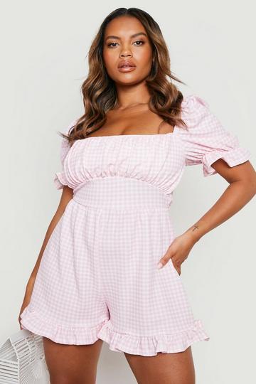 (Ve) Plus Gingham Puff Sleeve Playsuit pink