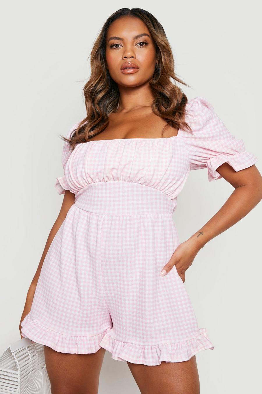 Pink (Ve) Plus Gingham Puff Sleeve Playsuit 