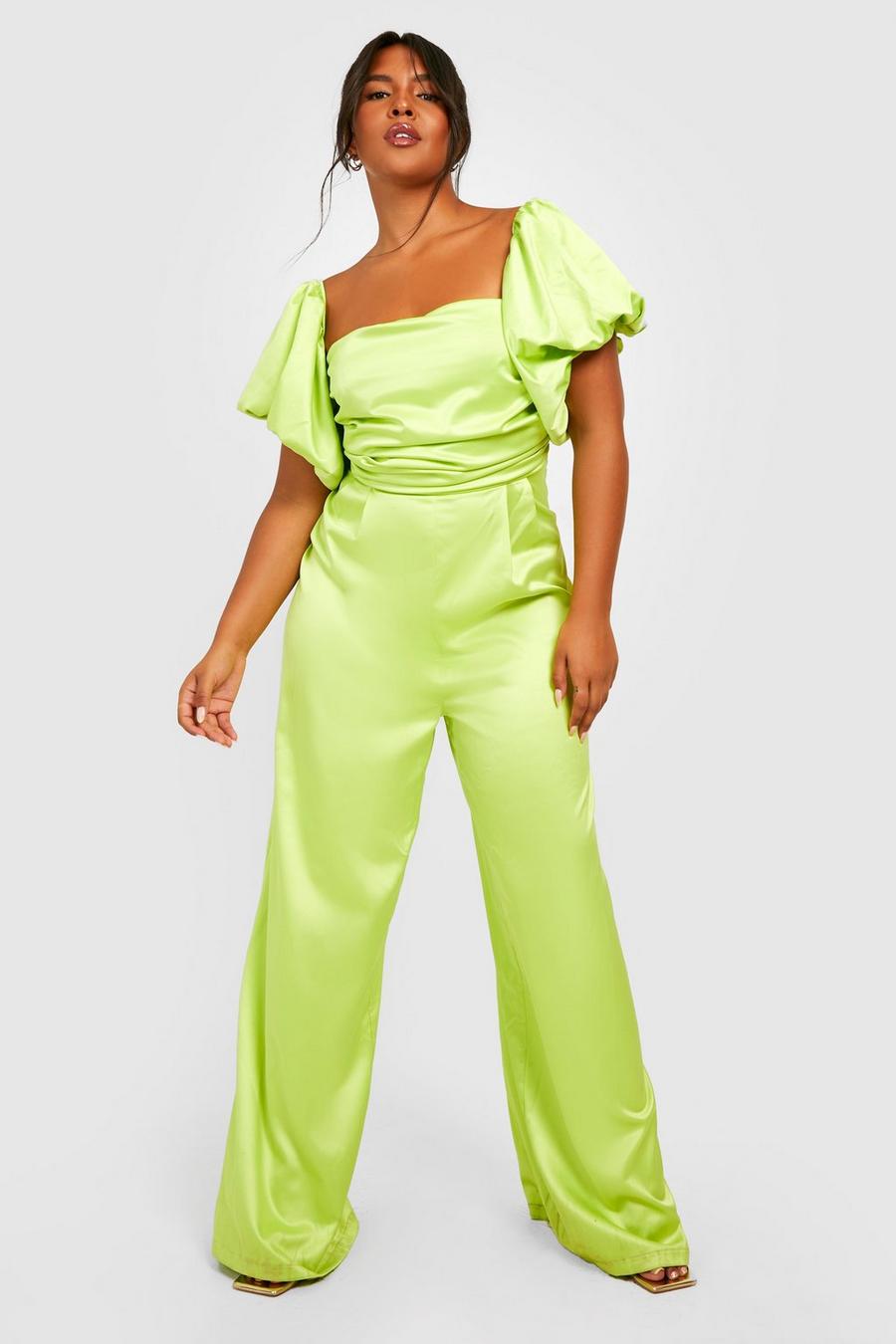 Lime green Plus Satin Puff Sleeve Wide Leg Jumpsuit image number 1