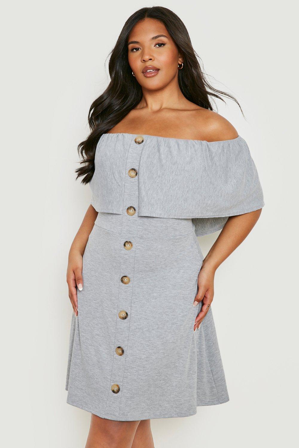 Plus Off Shoulder Horn Button Sun Dress