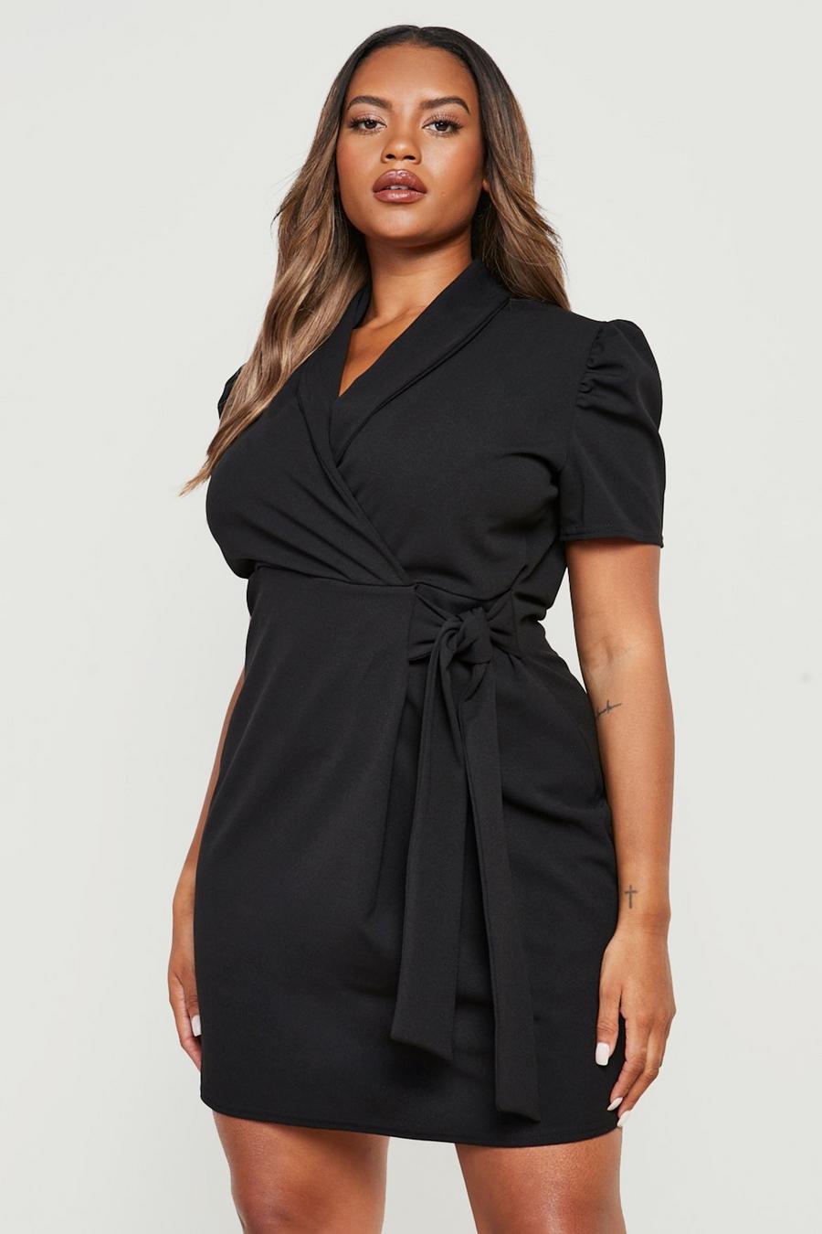Black שמלת חולצה עם שרוולים תפוחים וחגורה, מידות גדולות