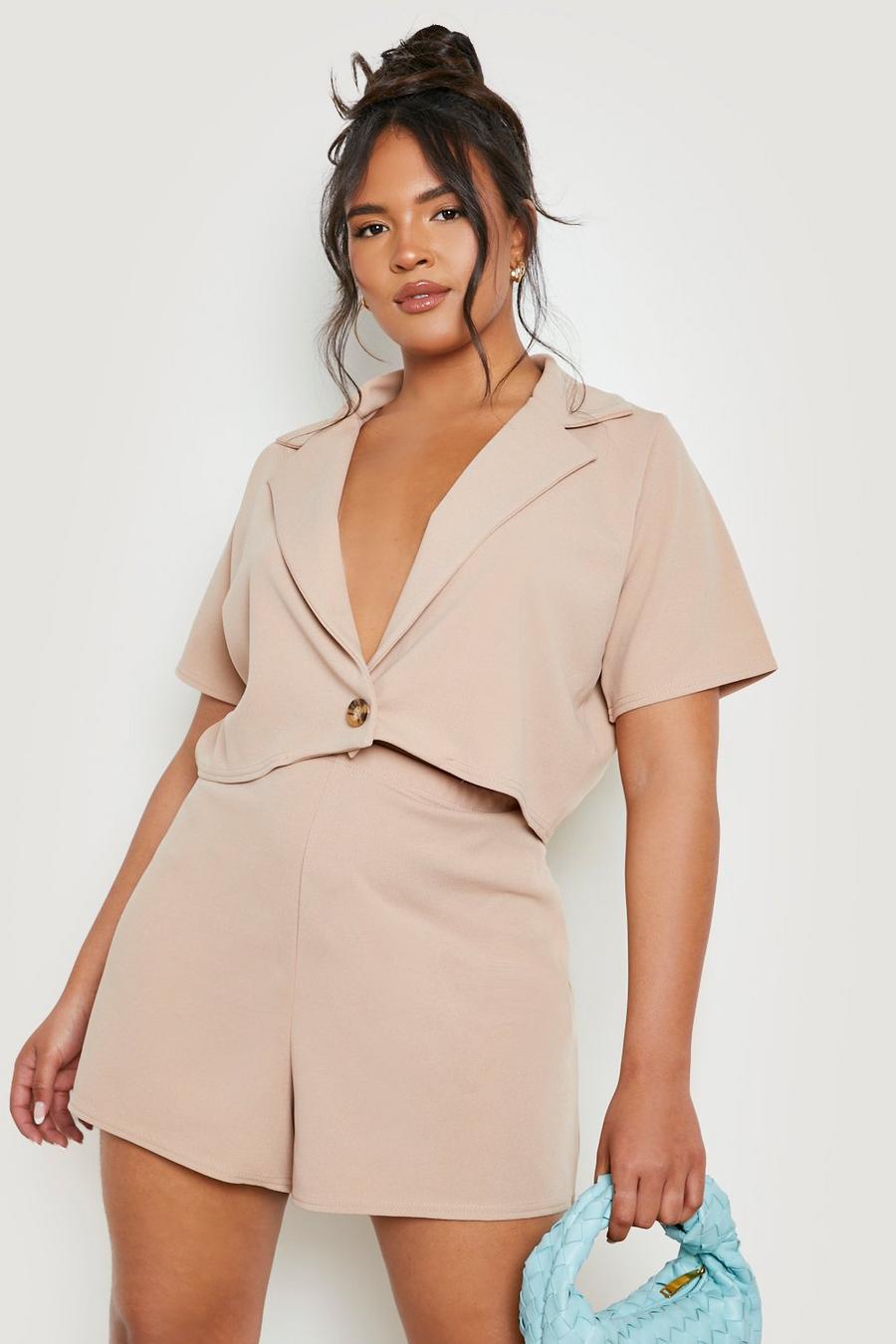 Stone beige Plus Cropped Blazer And Short Co-ord Set