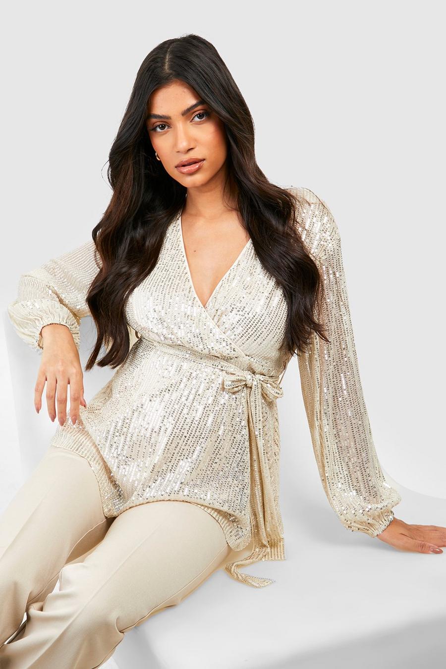 Silver Maternity Sequin Wrap Smock Top