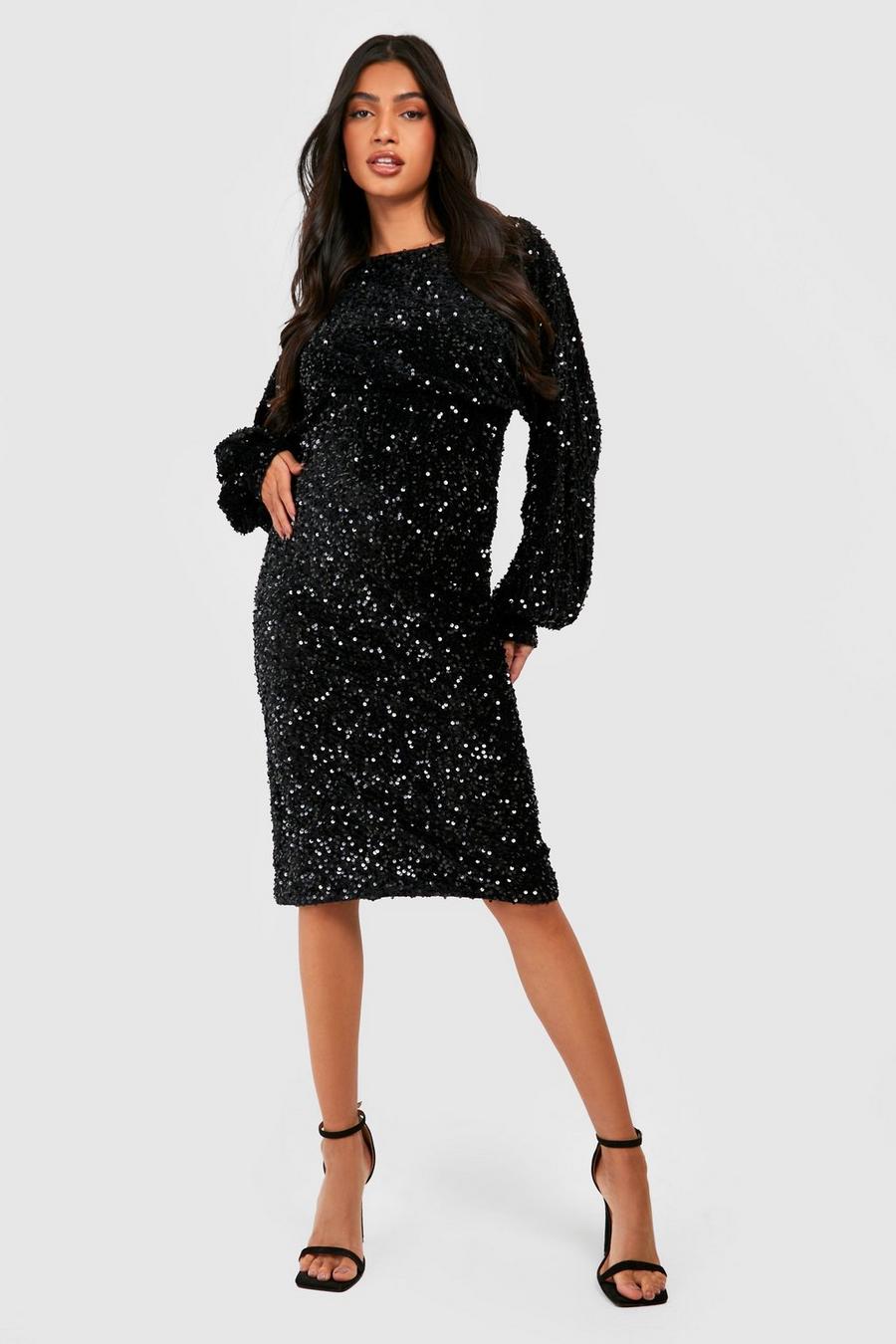 Black שמלת קטיפה מידי בסגנון בלוזון עם פייטים, להיריון image number 1