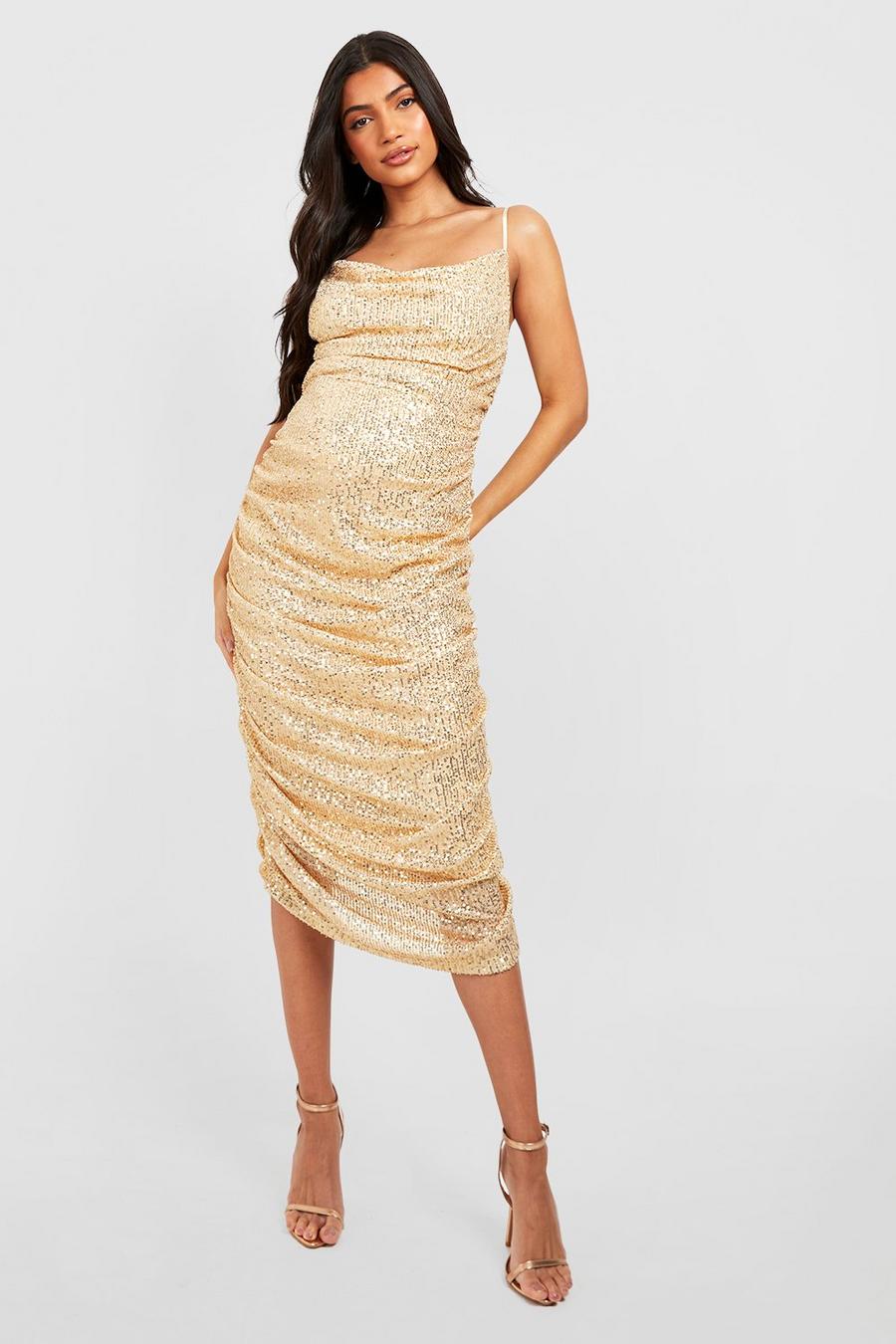 Gold Maternity Sequin Cowl Neck Ruched Midi Dress