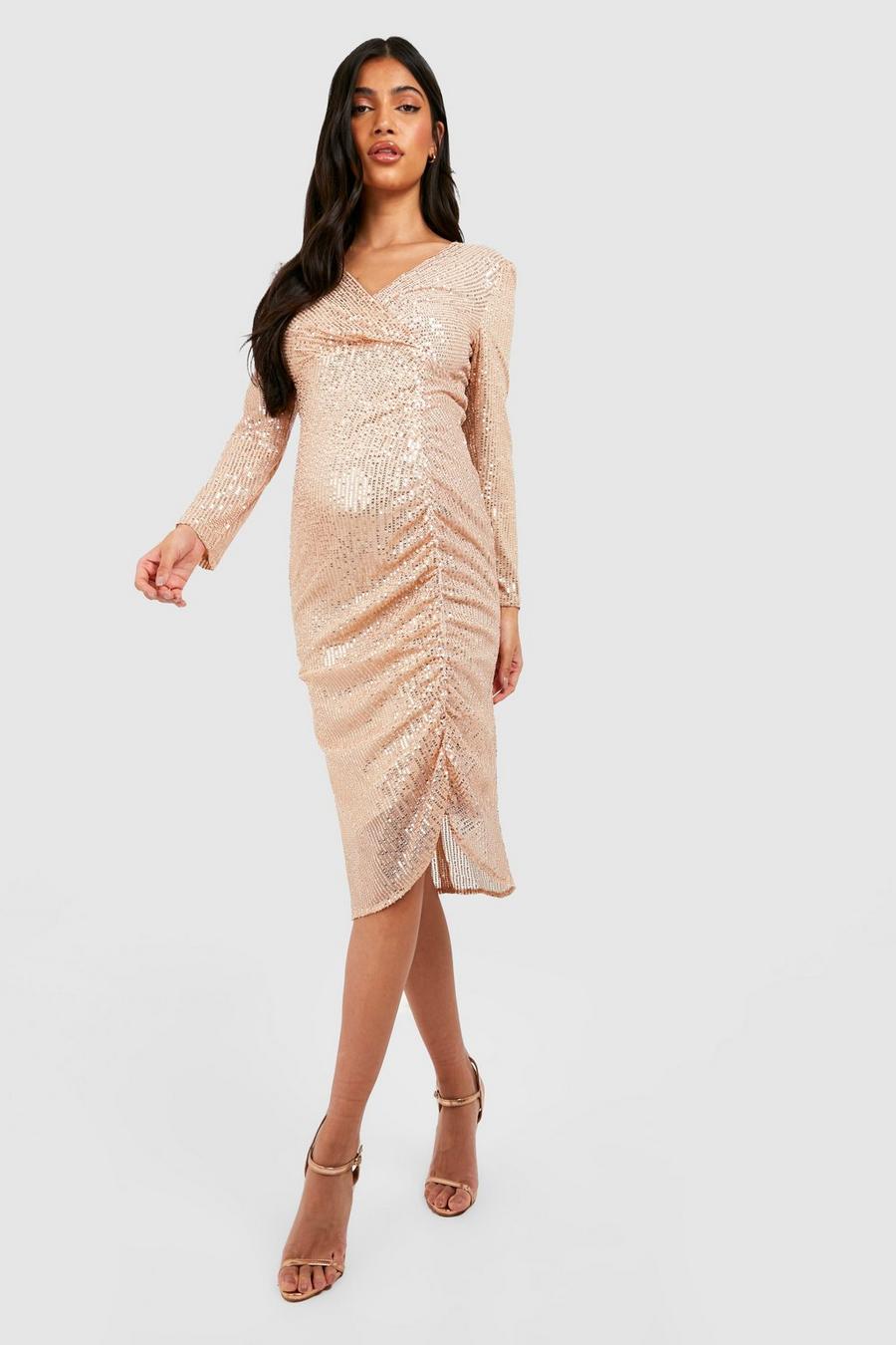 Light bronze Maternity Sequin Ruched Wrap Midi Dress image number 1