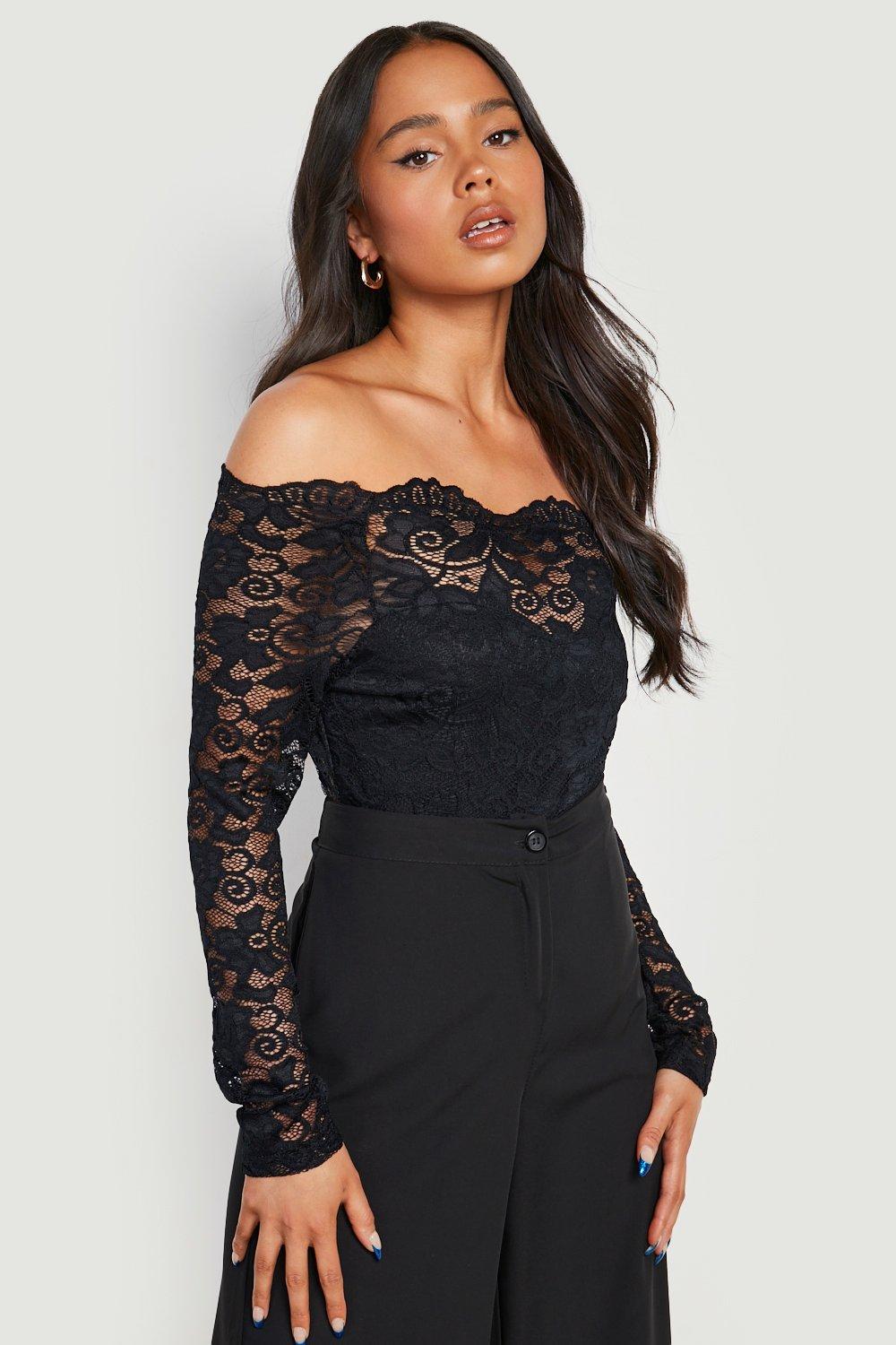 Petite Lace Bardot Bodysuit boohoo