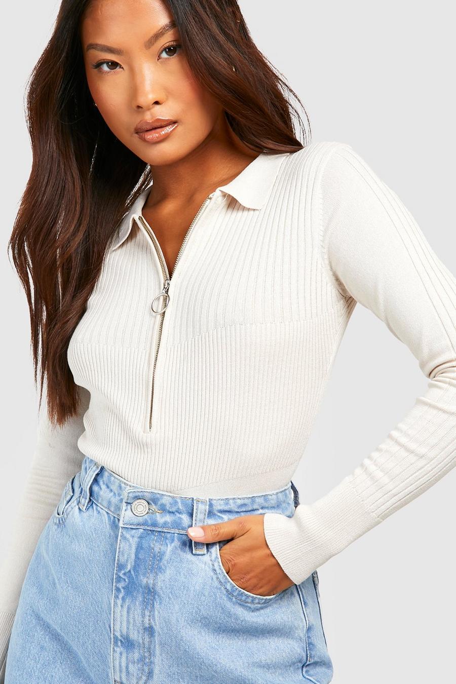 Womens Casual Fashion High Neck Crop Top Zip Detail Ribbed Stone