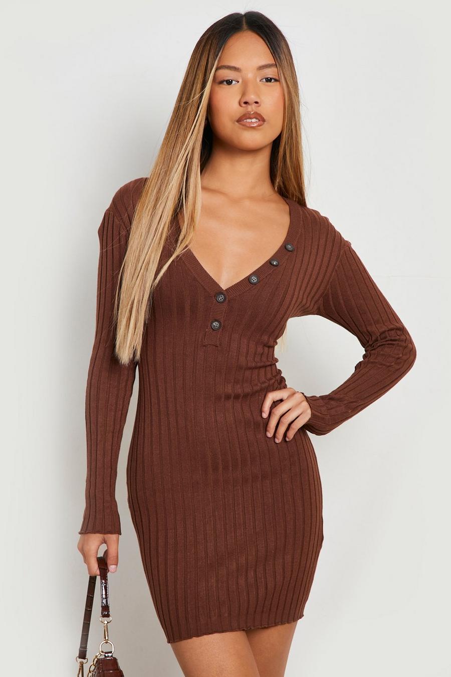 Chocolate Petite Buttoned V Neck Dress  image number 1
