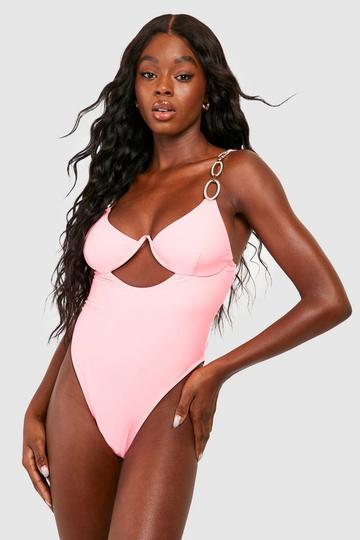 Diamante Trim Underwired Cut Out Swimsuit baby pink