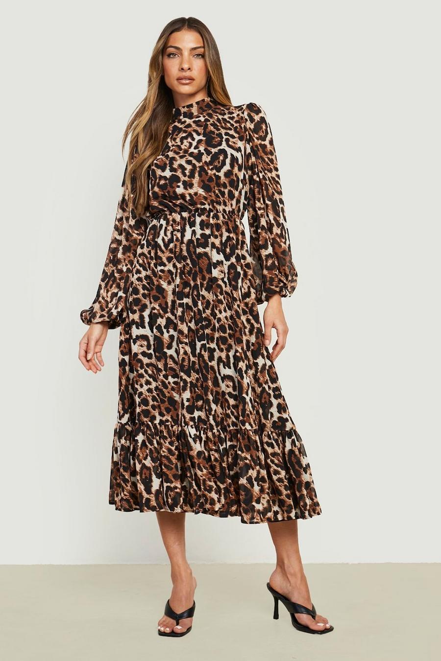 Brown Leopard Chiffon High Neck Midi Dress image number 1
