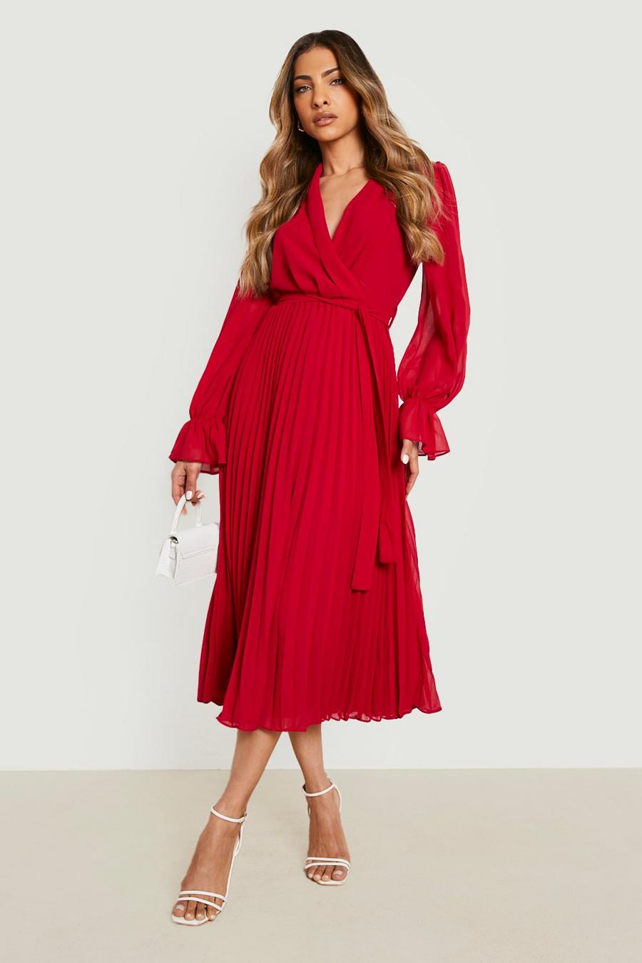 Berry red Pleated Chiffon Wrap Midaxi Dress image number 1