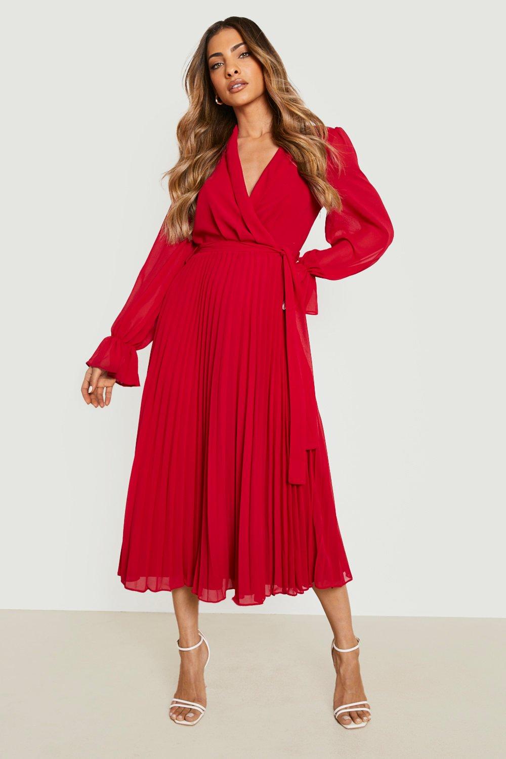 Women's Pleated Chiffon Wrap Midaxi Dress | Boohoo UK