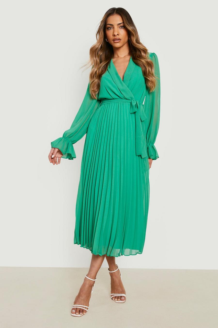 Green Pleated Chiffon Wrap Midaxi Dress