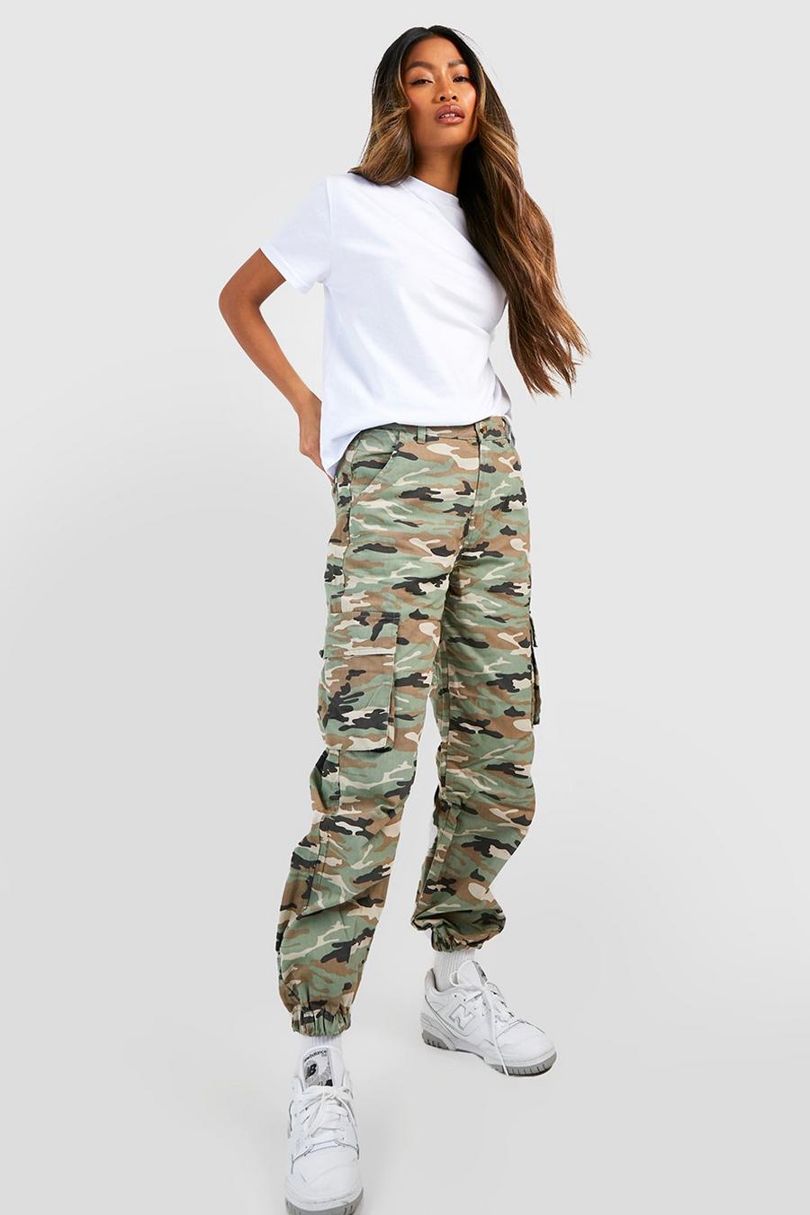 Washed khaki High Rise Camo Cargo Woven Track Pants image number 1