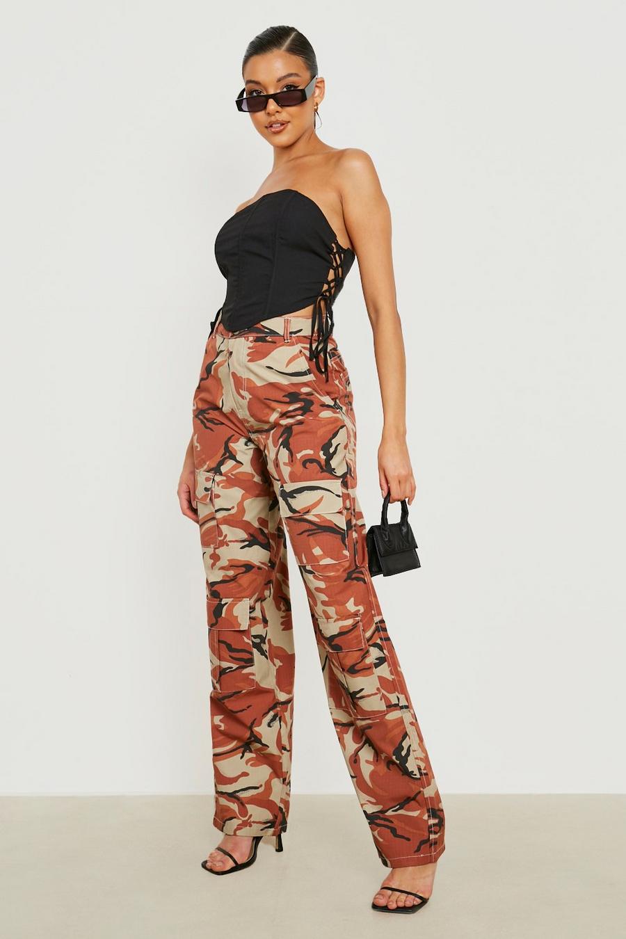 Pantalon cargo à imprimé camouflage, Tan brown